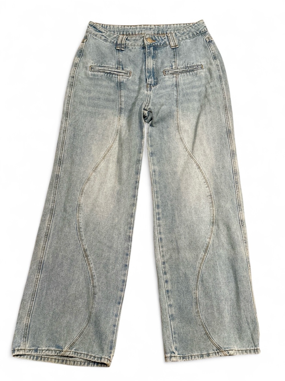 CIDER Curved Stitch Seam Detail Wide Leg Jeans - Light Wash Size Medium